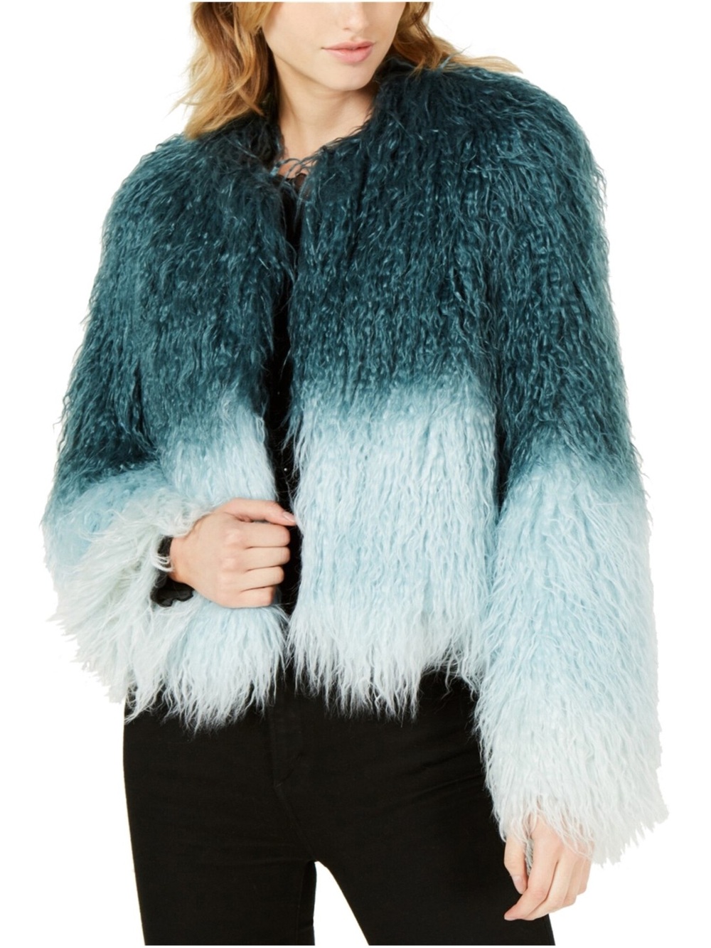 Bar III Teal to Light Blue Ombre Faux Fur Teddy Jacket